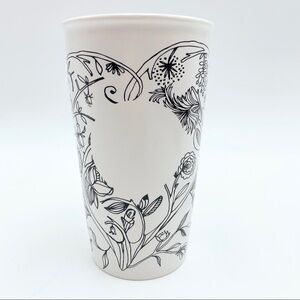 STARBUCKS 2014 Ceramic tumbler black white floral flowers Travel Mug Cup Coffee